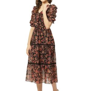 Women's Black & Rust Orange Floral Print Tiered Midi Fit & Flare Dress with Ruffles